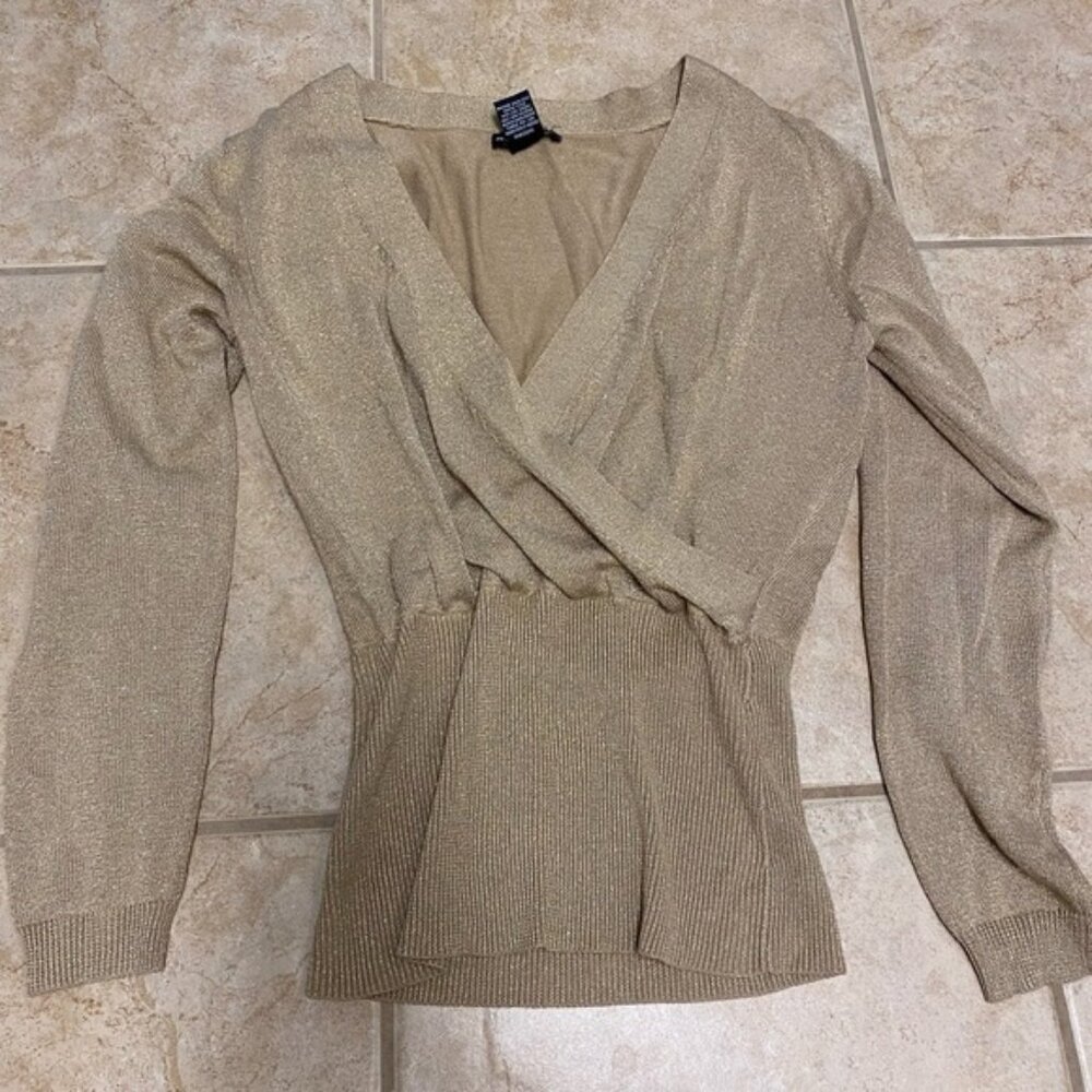 New York & Co Sweater Womens Small Gold Wrap V Neck Holiday Party Sparkly